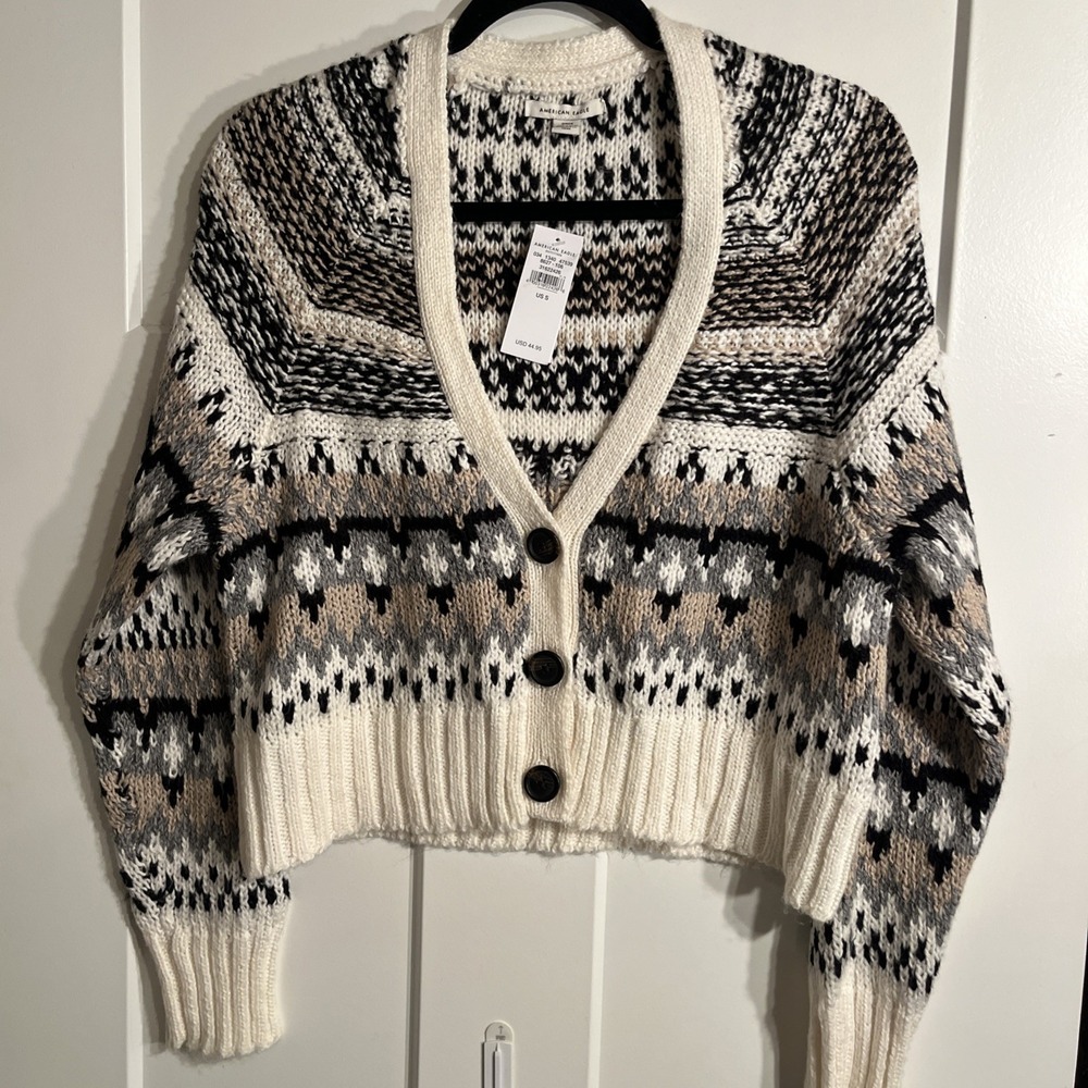 American Eagle Cropped Fair Isle Cardigan Sweater Womens Small Vneck 31622426